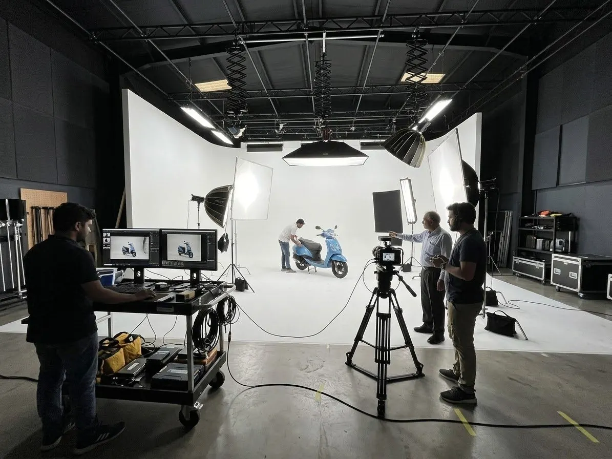Studio shoot with lights, camera and monitors on a product set